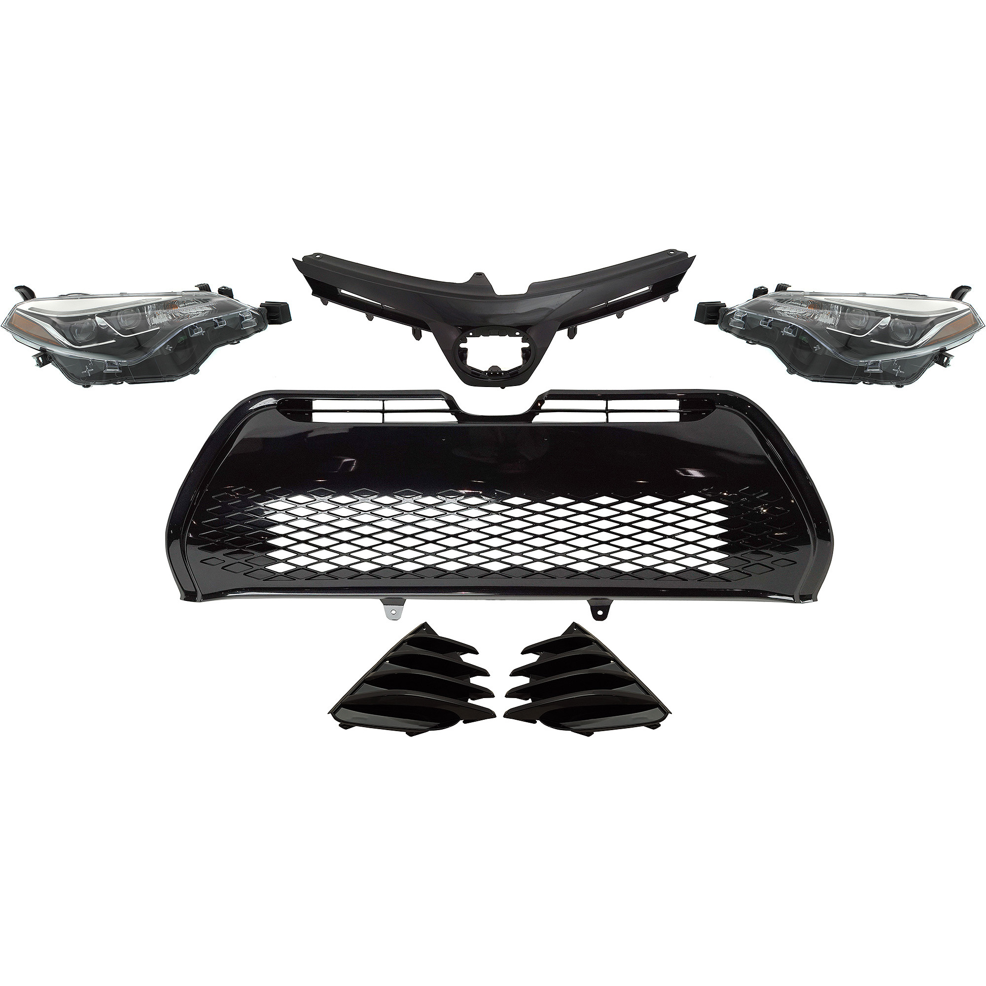 COROLLA 17-19 HEAD LAMP RH AND LH, 6-Pc kit, Assembly, Halogen, with Bumper Grille, Fog Light Cover and Grille Assembly